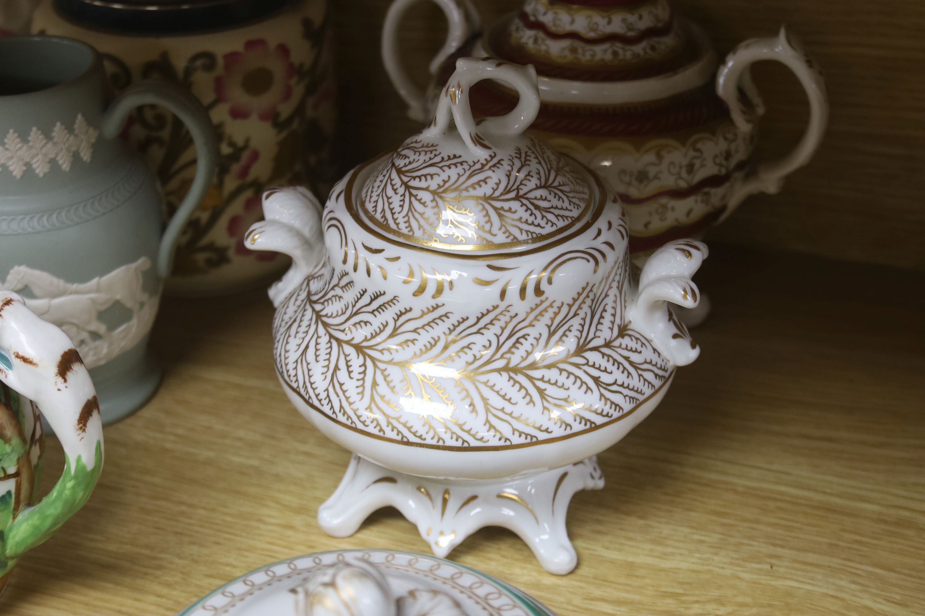 A Doulton biscuit barrel and other tableware